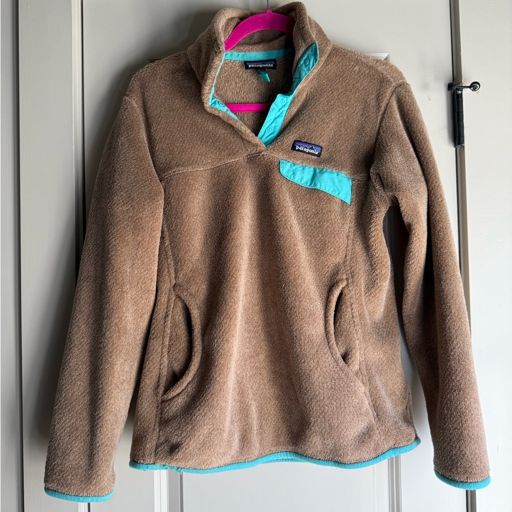 Patagonia Fleece Pullover Tan Teal Snap Neck Women's Med